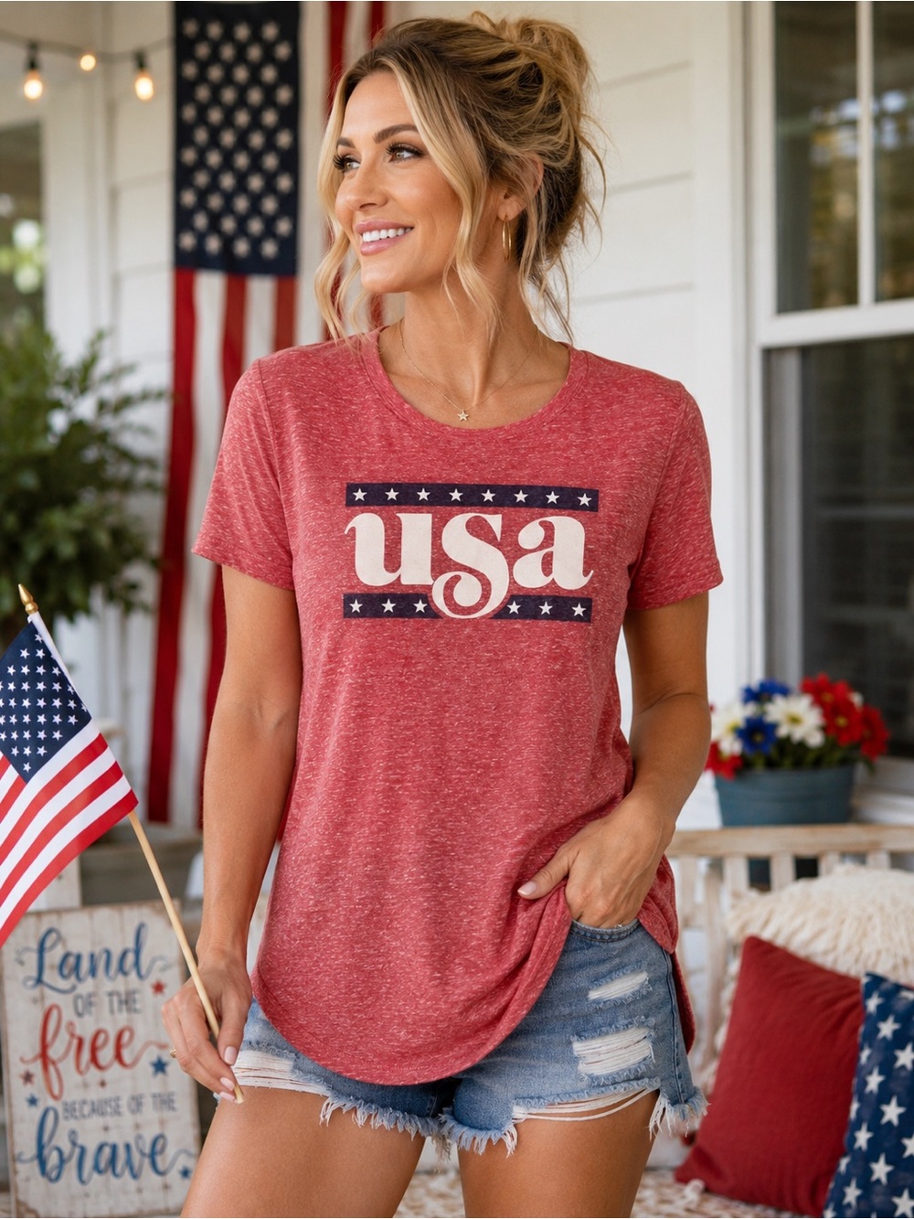 Royce Brand USA Patriotic Graphic Tee Red Heathered Round Hem Shirt XL